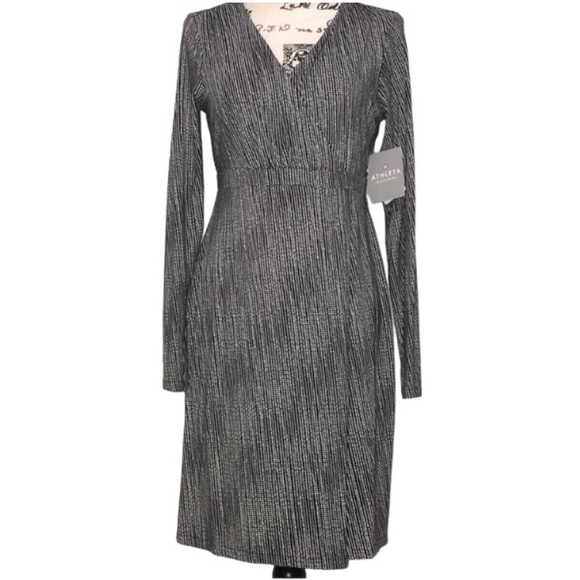 Athleta Black and White Micro Dot Wrap It Up V Neck Faux Wrap Dress - Picture 2 of 9